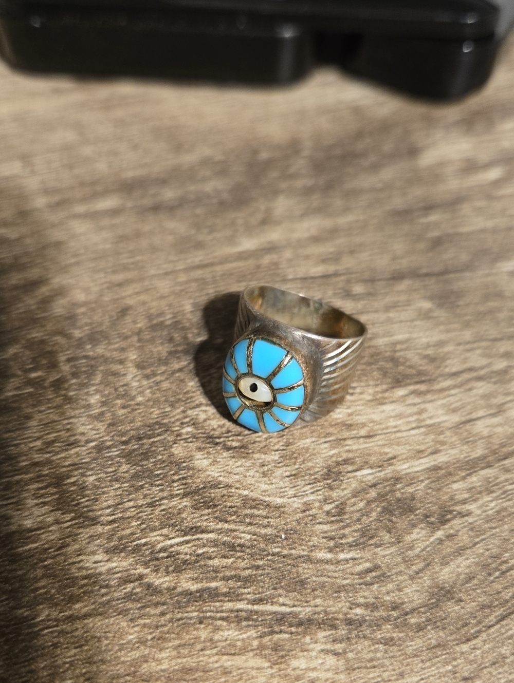Vintage 1970s Zuni Sterling Silver Turquoise Inlay Sunface Eye Ring - Size 4.5